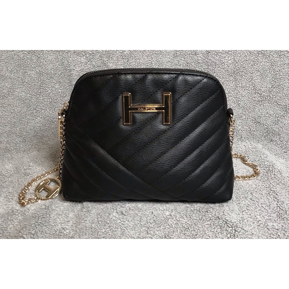 Halston Black Quilted Front‎ Dome Crossbody Gold Chain Strap & Zipper